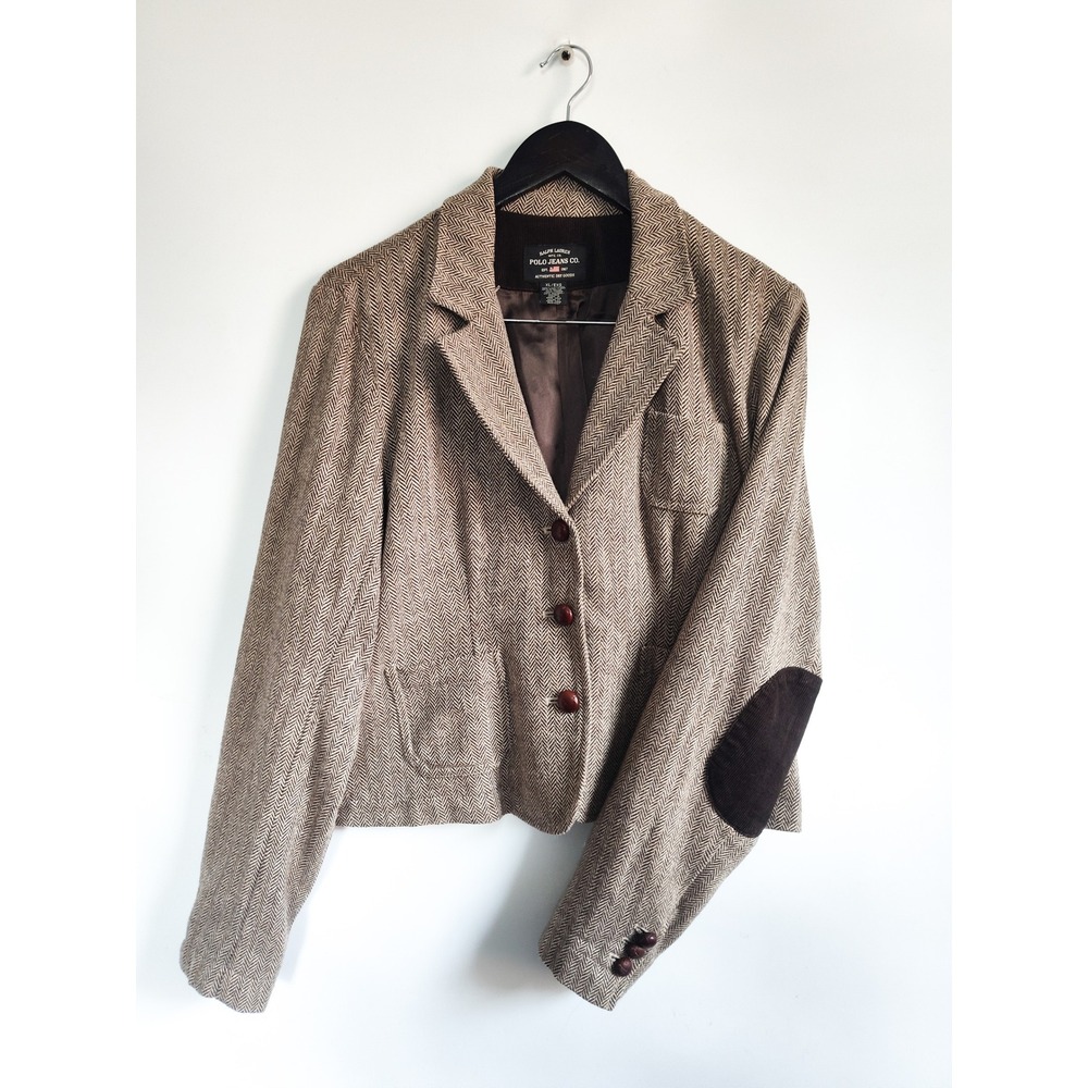 Vintage Ralph Lauren Polo Blazer XL Tweed Elbow Patches Herringbone Wool Blend
